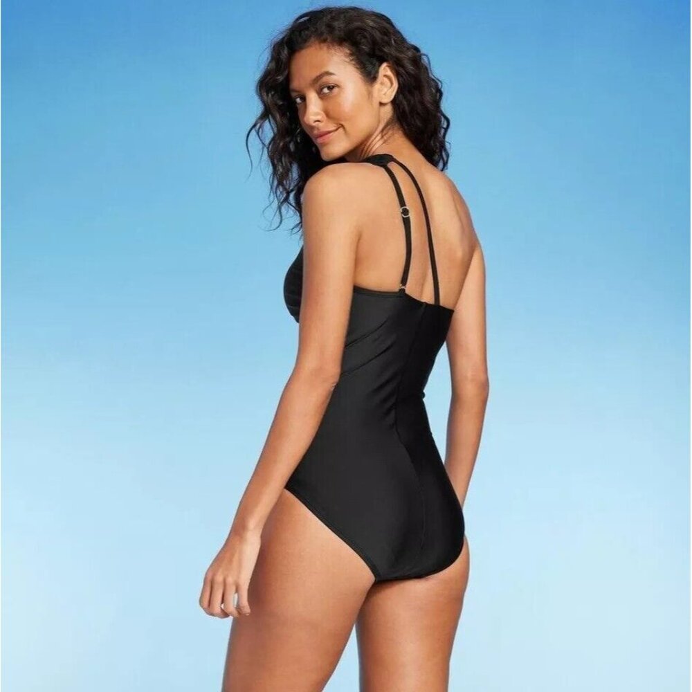 Kona Sol Medium 8-10 Black One Shoulder Full Coverage Ruched 1 Piece Swimsuit - Picture 2 of 5
